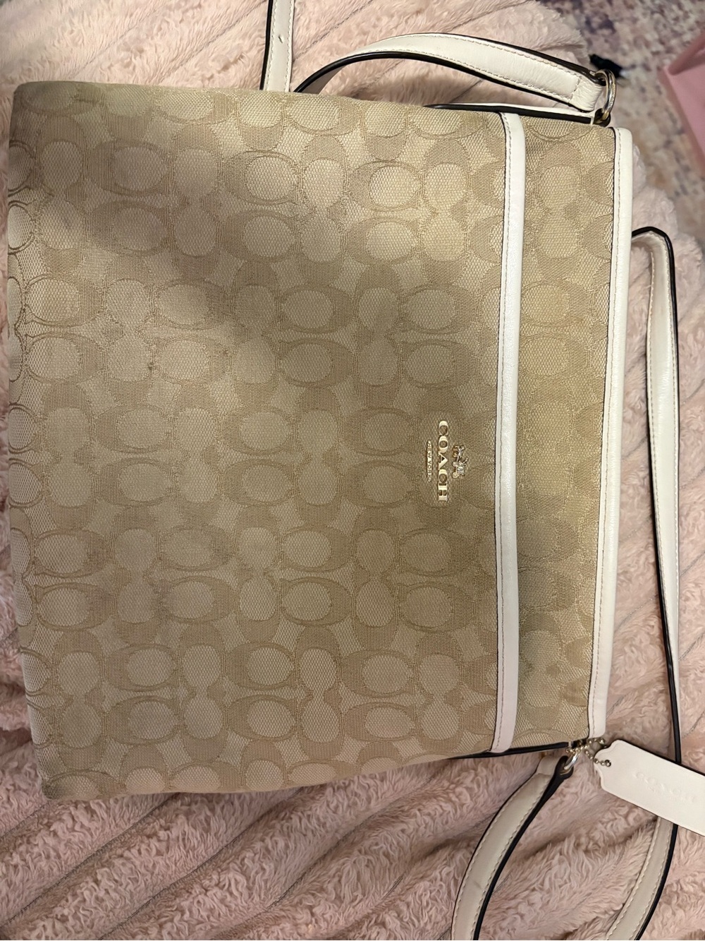 Coach Beige Signature Canvas Crossbody with White Trim and Gold Logo